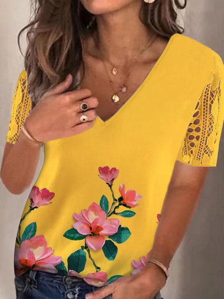 

Yellow Floral Printed Casual V Neck Lace Short Sleeve T-Shirt, Tees & T-shirts