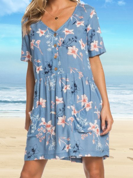 

Floral Loosen Short Sleeve Knit Dress, Blue, Dresses