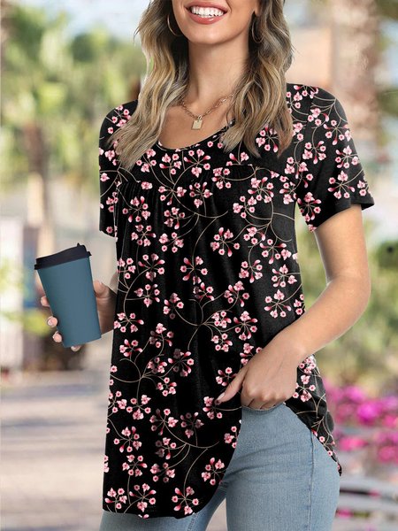 

Ladies Tops Ruched Floral Short Sleeve Stretchy Tunic, Black, Shirts & Blouses