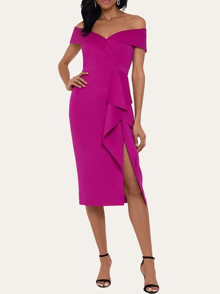 

Simple Boat NeckFitted Woven Dress, Rose red, Midi Dresses