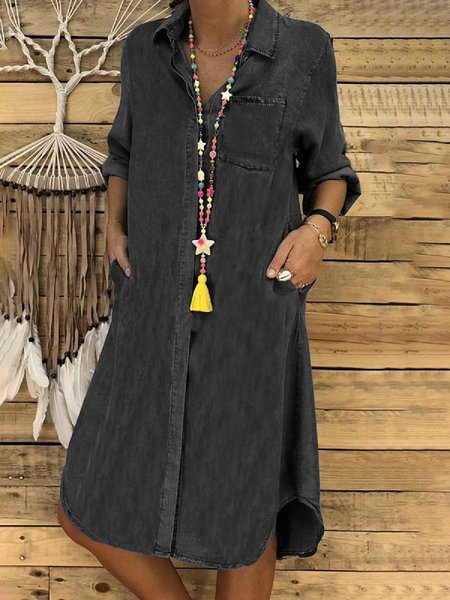 

Casual Solid Loosen Denim Long sleeve Dress, Black, Denim Dresses