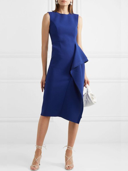

Crew Neck Elegant Solid Sleeveless Knitting Dress, Blue, Midi Dresses