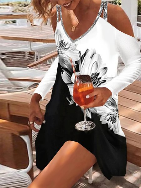 

Floral Loosen V Neck Long Sleeve Knit Dress, White, Mini Dresses