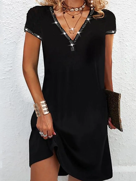 

Plain V neck Casual Short Sleeve Knit Dress, Black, Mini Dresses