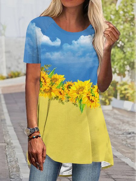 

Loose holiday gradient flower sunflower loose A-TOP T-shirt tunic Plus Size, Multicolor, T-Shirts