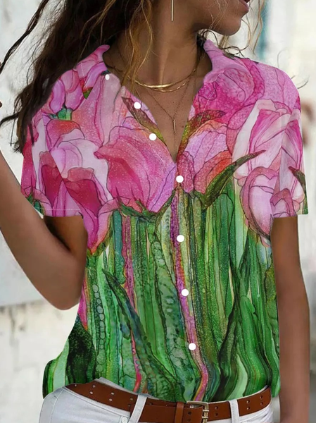 

Womens Flower Print Casual Short Sleeve Blouse, As picture, Blouses