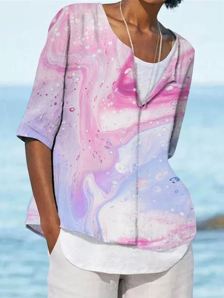 

Crew Neck Vacation Ombre Short Sleeve Tops, Light pink, Shirts & Blouses