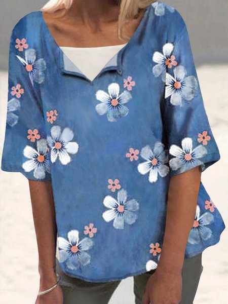

Loosen Casual V Neck Short Sleeve Tops, Blue, Tops