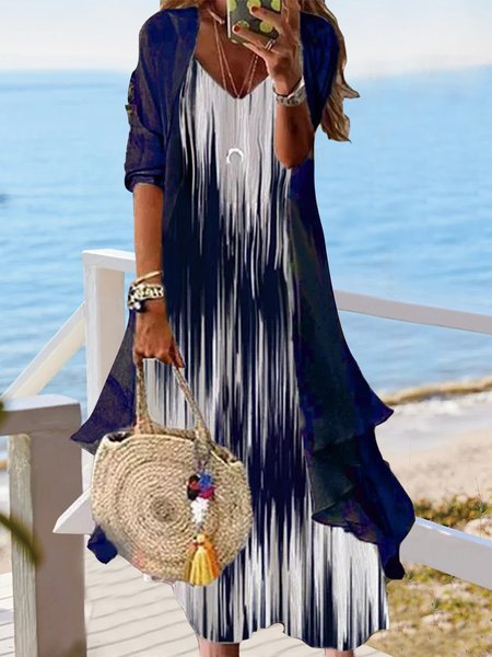 

V Neck Vacation Two Piece Sets, Dark blue, Suit Set