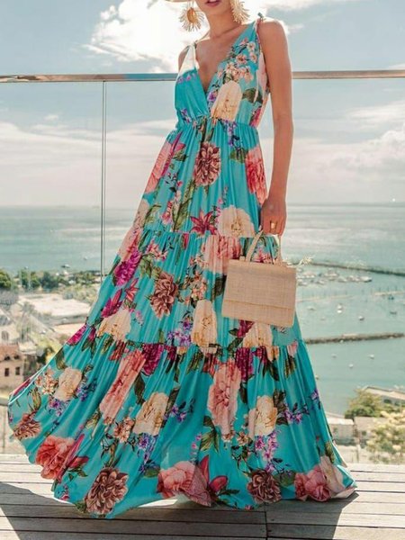 

V Neck Floral Sleeveless Woven Dress, Blue, Maxi Dresses