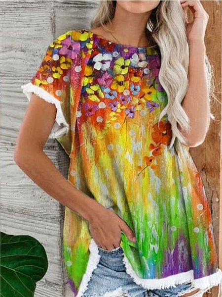 Floral Short Sleeve Tops, Orange, Tops