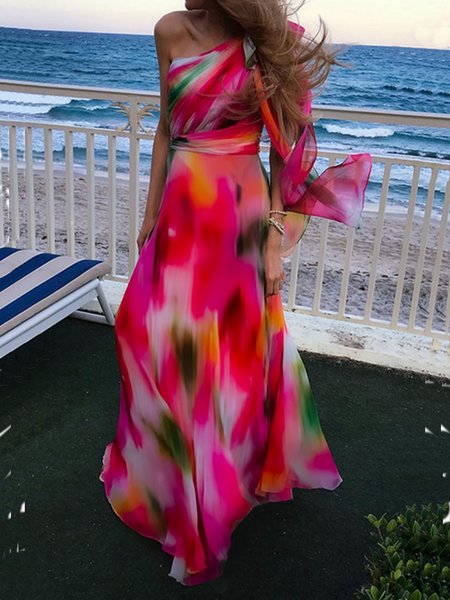 

Printed Vacation One Shoulder Sleeveless Woven Dress, Multicolor, Maxi Dresses