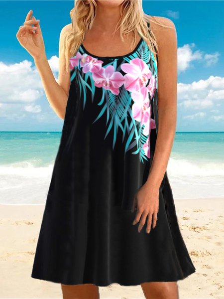 

Floral Casual Loosen Spaghetti Sleeveless Knitting Dresses, Black, Dresses