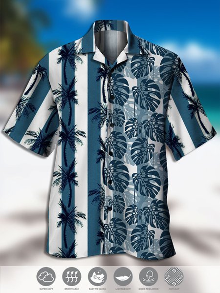 

Men's Coconut Tree Print Casual Moisture Absorbent Breathable Fabric Hawaiian Short Sleeve Shirt, Blue, Men's Floral shirt