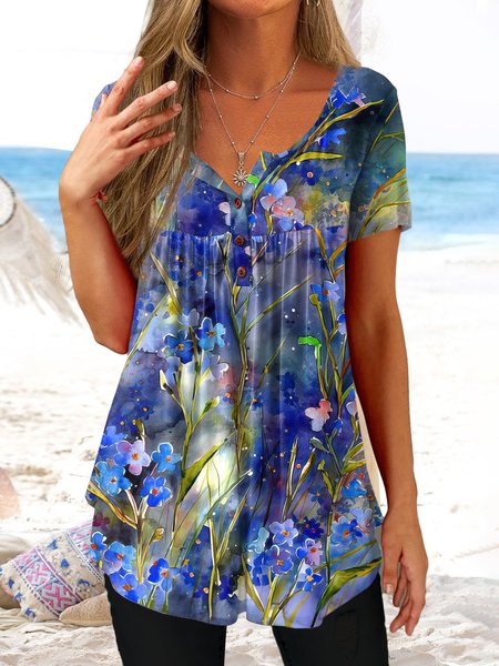 

Round Neck Vacation Short Sleeve Tops, Blue, Shirts & Blouses