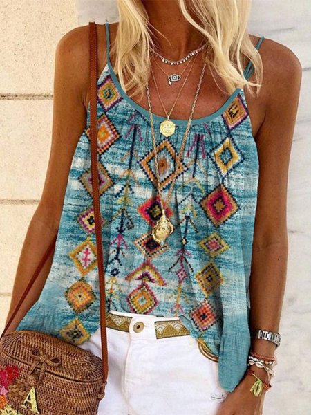 

Spaghetti Tribal Casual Woven, Blue, Tank Top