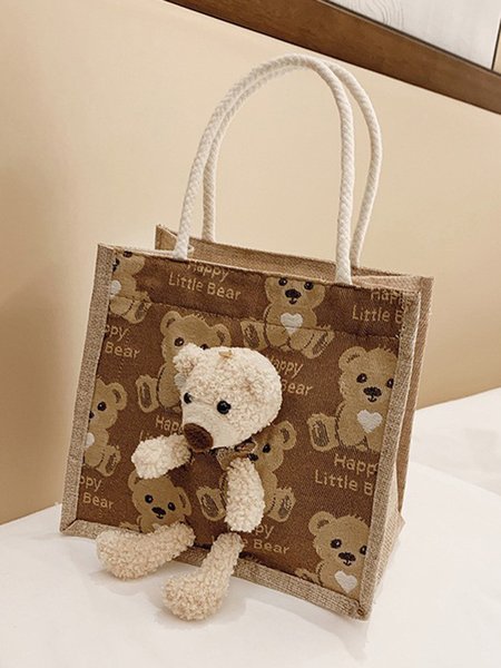 

JFN Cute Bear Linen Handle Bento Bag Open Handbag, Brown, Women's Bags