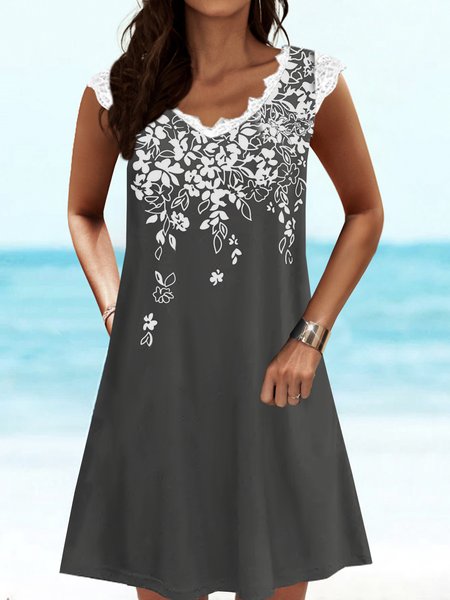 

Loosen Vacation Floral Short Sleeve Knit Dress, Gray, Mini Dresses