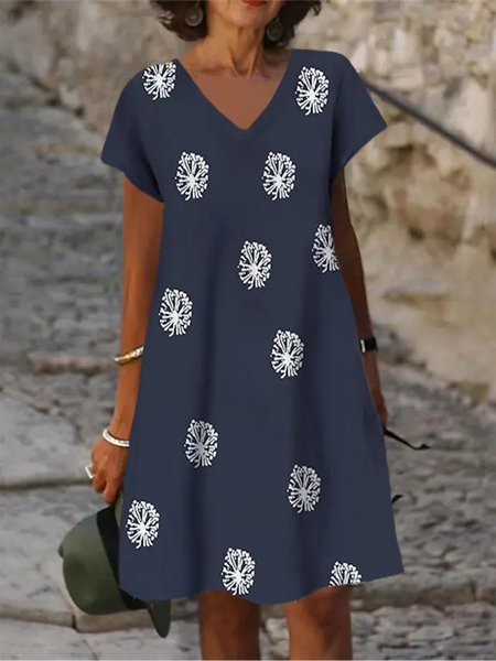

Casual V neck Long Sleeve Dandelion Loosen Woven Dress, Blue, Mini Dresses
