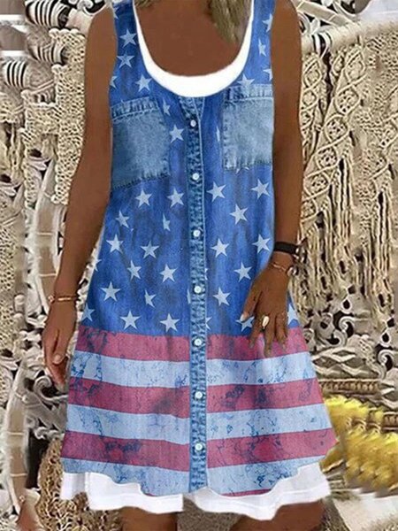 Loosen Casual Flag Sleeveless Knitting Dresses, Blue, Dresses