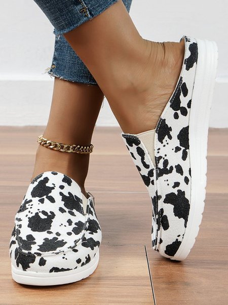

Cow Print Leopard Print Solid Color Slip-On Casual Canvas Mules, White, Flat & Loafers