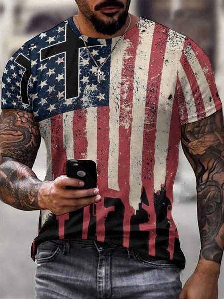 

American Flag God Crew Neck Street Short Sleeve T-Shirt, Blue, T-shirts