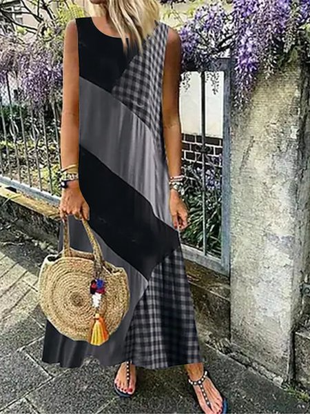 

Crew Neck Sleeveless Woven Dresses, Black, Maxi Dresses