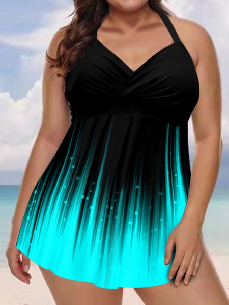 

Women's Line Print Conservative Thin Belly Cover Tankini Split Swimsuit Plus Size, Blue, Swimwear