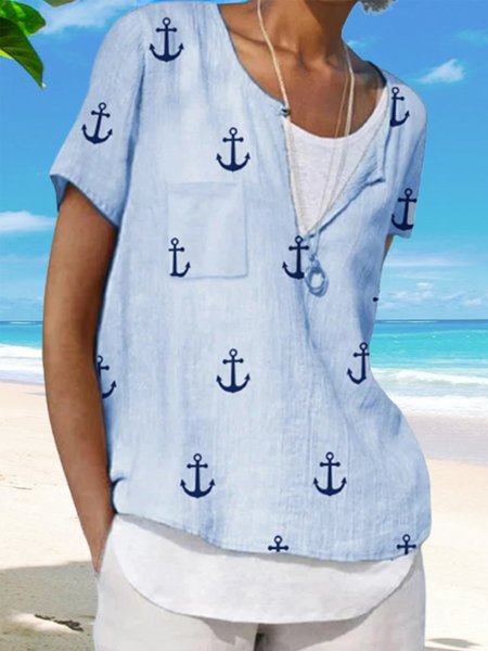 

Casual Short Sleeve V Neck Plus Size Printed Tops, Blue, Tops