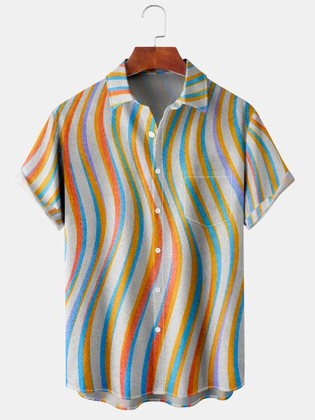 

Mens New Colors Striped Print Lapel Chest Pocket Short Sleeve Hawaiian Shirts, Khaki, Men's Floral shirt