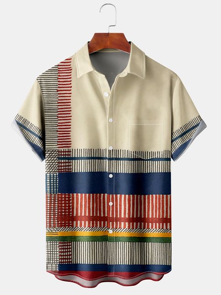 

Mens Retro Classic Striped Print Lapel Chest Pocket Short Sleeve Hawaiian Shirts, Khaki, Men's Floral shirt