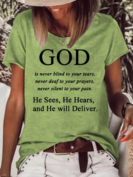 

Womens Jesus Faith God Religious Letter Print God is never blind to your tears Letter Short Sleeve T-Shirt, Green, T-shirts
