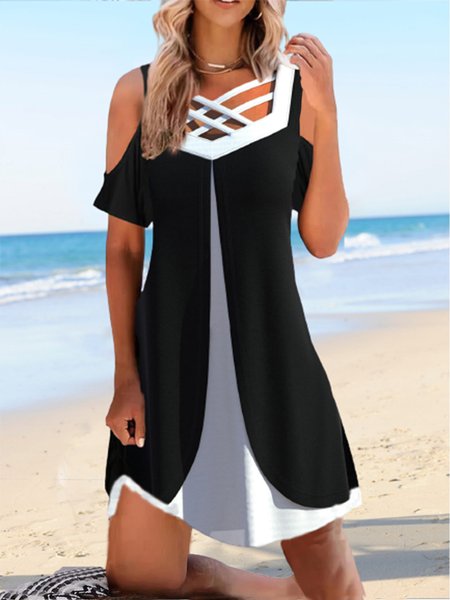 

Regular Fit Sexy Color Block Short Sleeve Knit Dress, Black-white, Mini Dresses