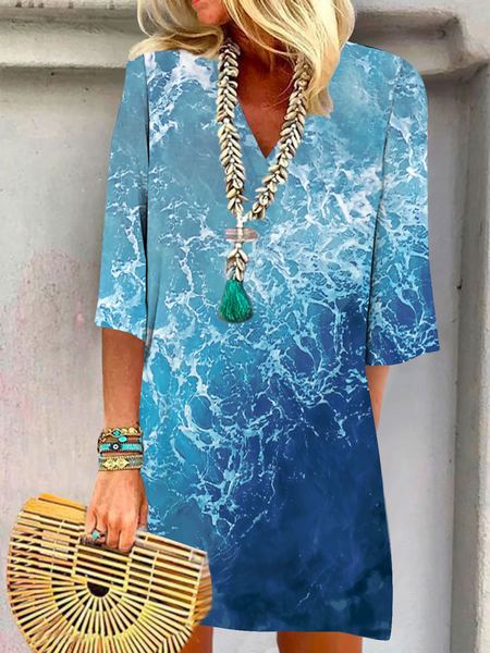 Plus size Casual Ocean Printed Loosen Short Sleeve Dress, Blue, Mini Dresses