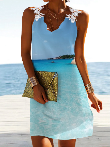 Sea Loosen Short Sleeve Woven Dress, Blue, Mini Dresses