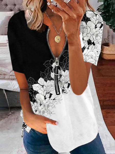 

Vacation Floral V Neck Short Sleeve Top, Black-white, T-Shirts