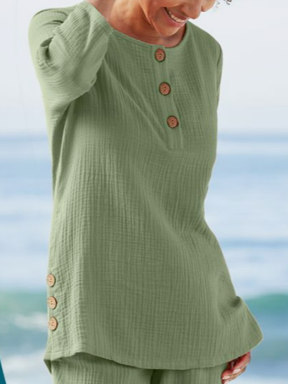 

Vacation Crew Neck Linen Long Sleeve Tops, Green, Tops