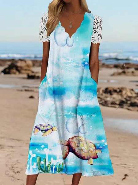 

Vacation V Neck Short Sleeve Woven Dress, Sky blue, Dresses