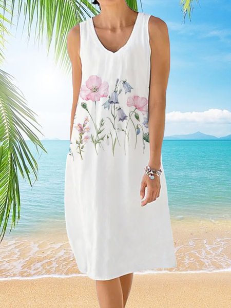 

Casual Vacation Floral Printed Sleeveless Knee-length Dresses, White, Dresses