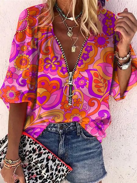 

Floral Loosen Vacation Short Sleeve Tops, Multicolor, Shirts & Blouses