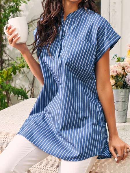 

Blue and White Striped Babydoll Long Coat Loosen Casual Striped Short Sleeve Tops, Shirts & Blouses