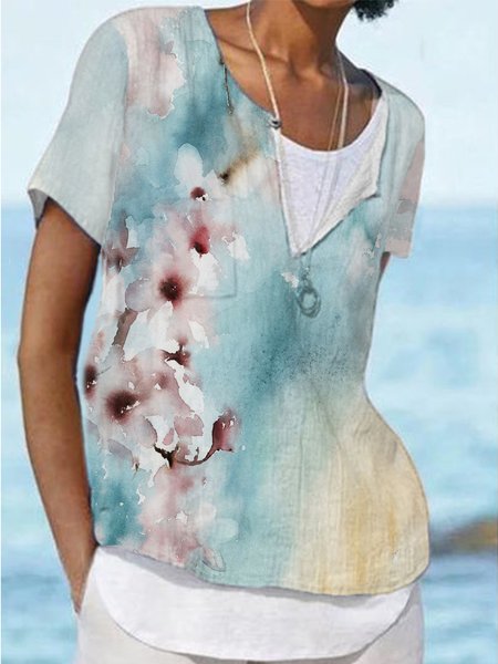 

Casual Loosen Notched Short Sleeve Tops, Blue, Tops