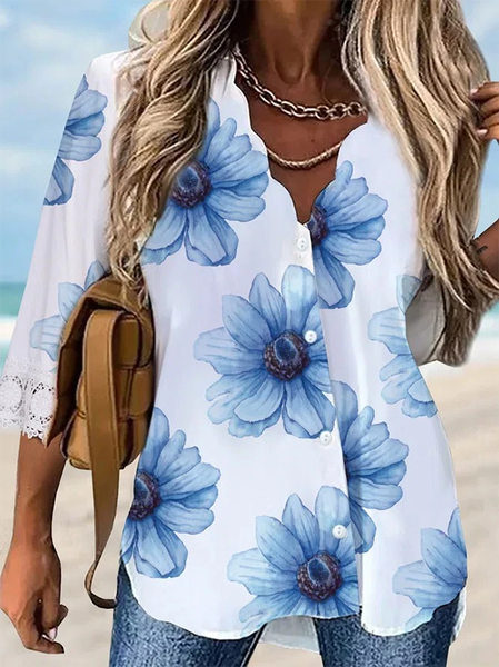 

V Neck Casual Floral Mid Sleeve Blouse, White, Blouses & Shirts