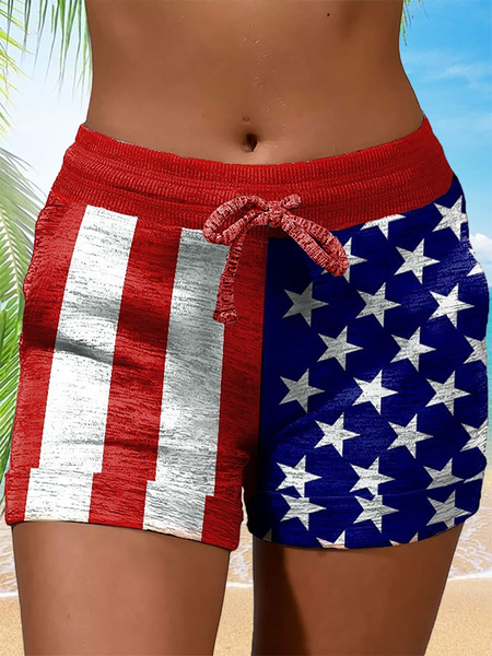 

Women's Flag Print Casual Elastic Waist Shorts Shorts, Red, Shorts
