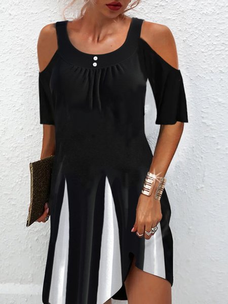 

U-Neck Short Sleeve Knit Dress, Black-white, Mini Dresses