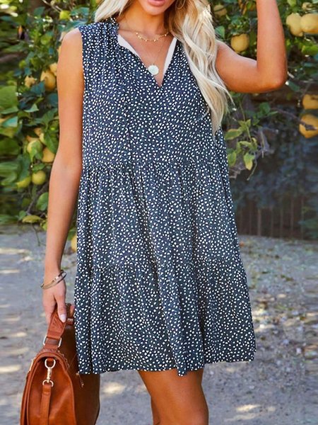 

Polka Dots Loosen V Neck Sleeveless Woven Dresses, Blue, Mini Dresses