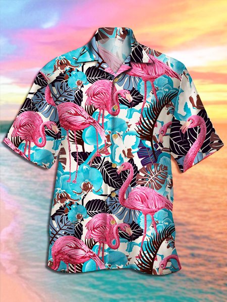 

Men's Flamingo Print Casual Breathable Hawaiian Short Sleeve Shirt, Aqua blue, Men's Floral shirt