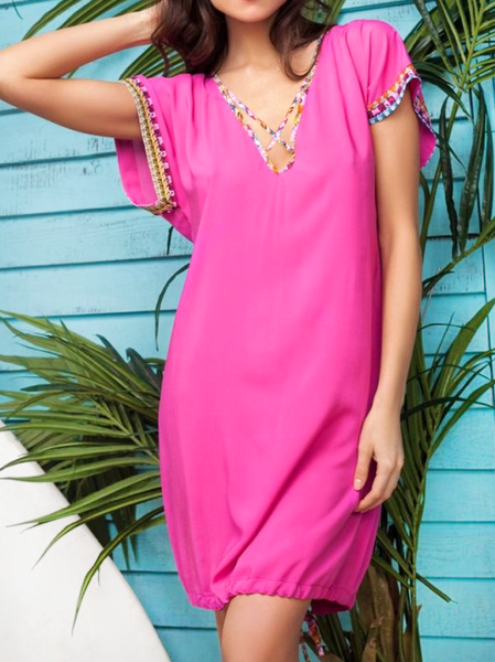 

Cocoon Holiday Dress with Ethnic Geometric Webbing V Neck Short Sleeve Woven Dress, Rose red, Dresses