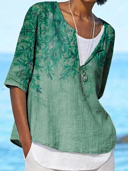 

Notched Leaves Casual Half sleeve Tops, Green, Tops