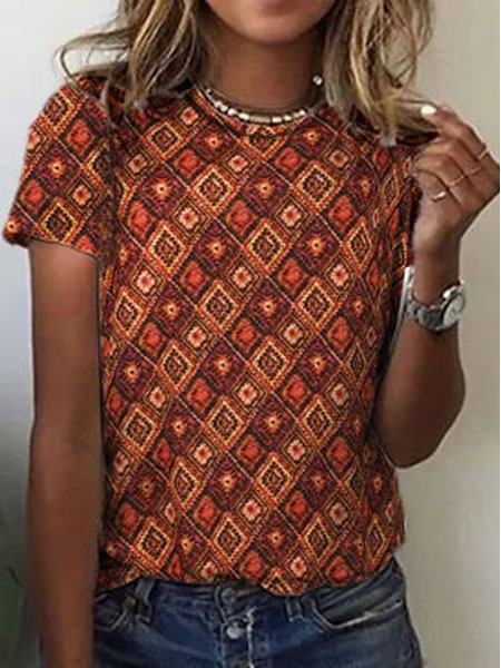 

Crew Neck Geometric Casual Short Sleeve T-Shirt, Multicolor, T-Shirts